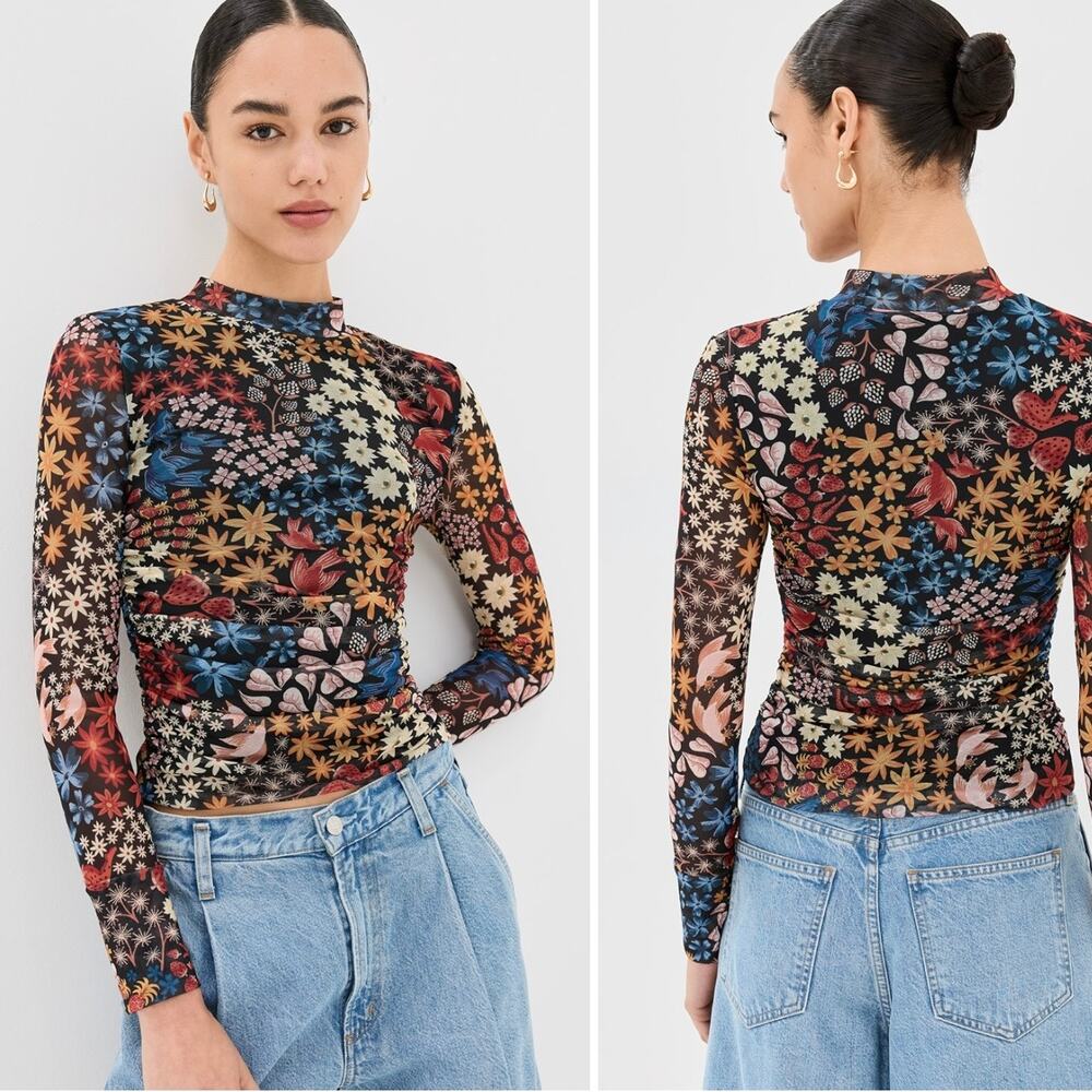 FARM Rio Juju's Garden Black Tulle Blouse - Strawberries with Legs - Size XS